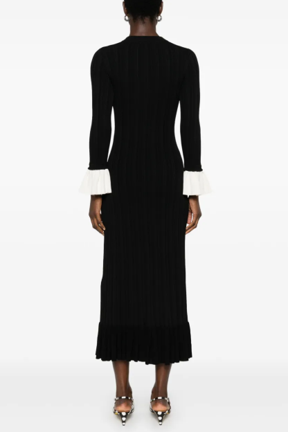 Knit Metal Button Contrast Color Midi Dress