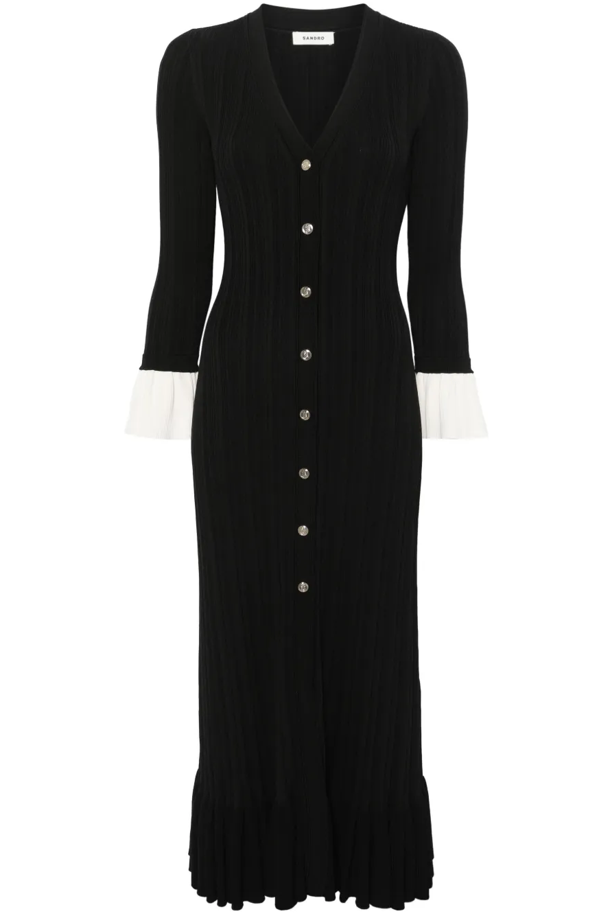 Knit Metal Button Contrast Color Midi Dress