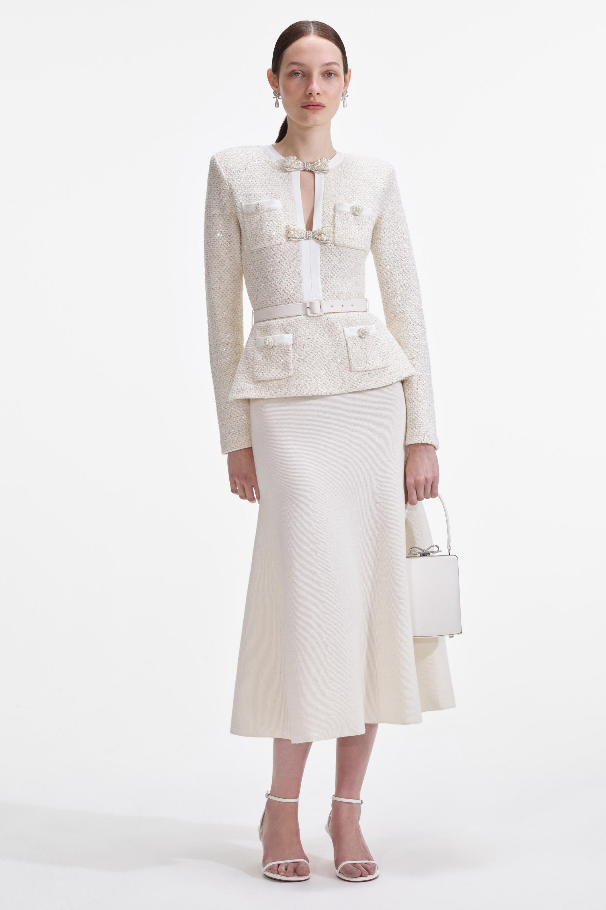 Faux Pearl Bow Top & Mid Waist Midi Skirt Set