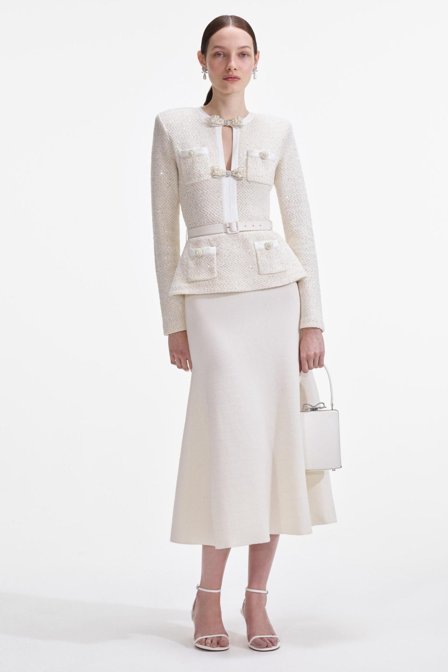 Faux Pearl Bow Top & Mid Waist Midi Skirt Set