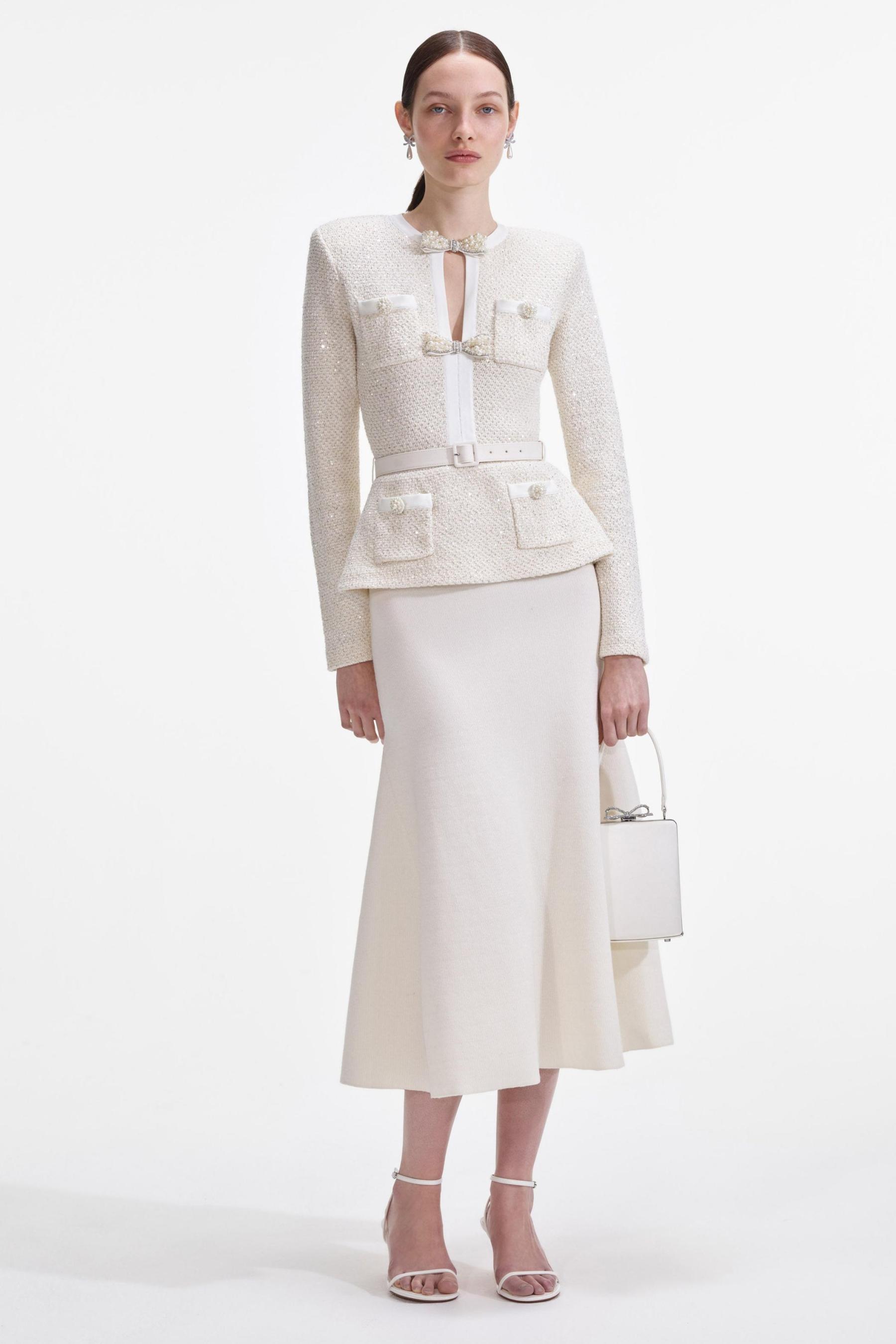 Faux Pearl Bow Top & Mid Waist Midi Skirt Set