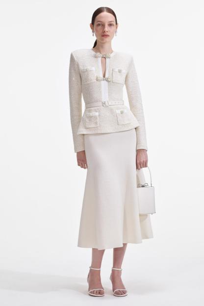 Faux Pearl Bow Top & Mid Waist Midi Skirt Set