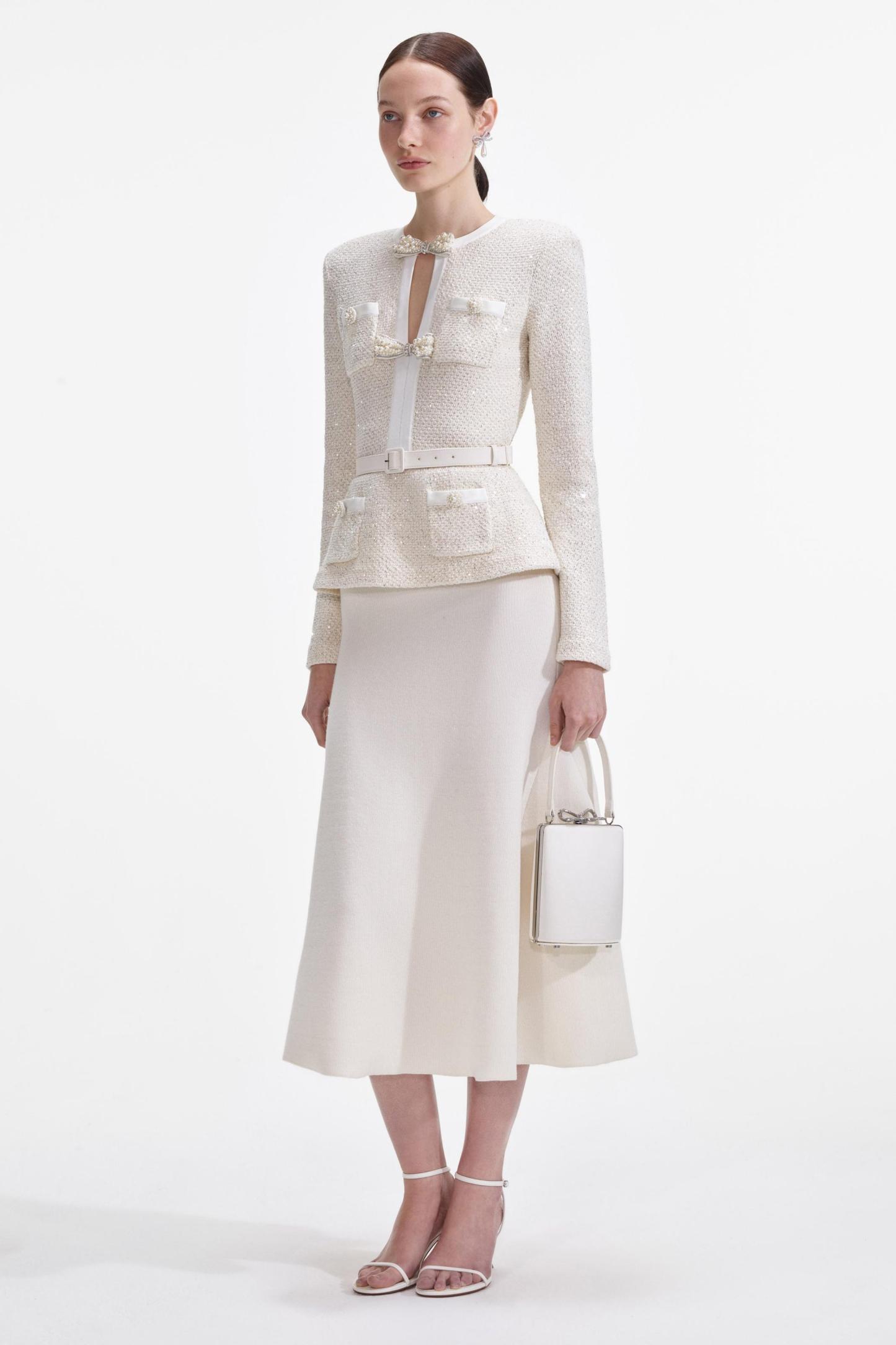 Faux Pearl Bow Top & Mid Waist Midi Skirt Set