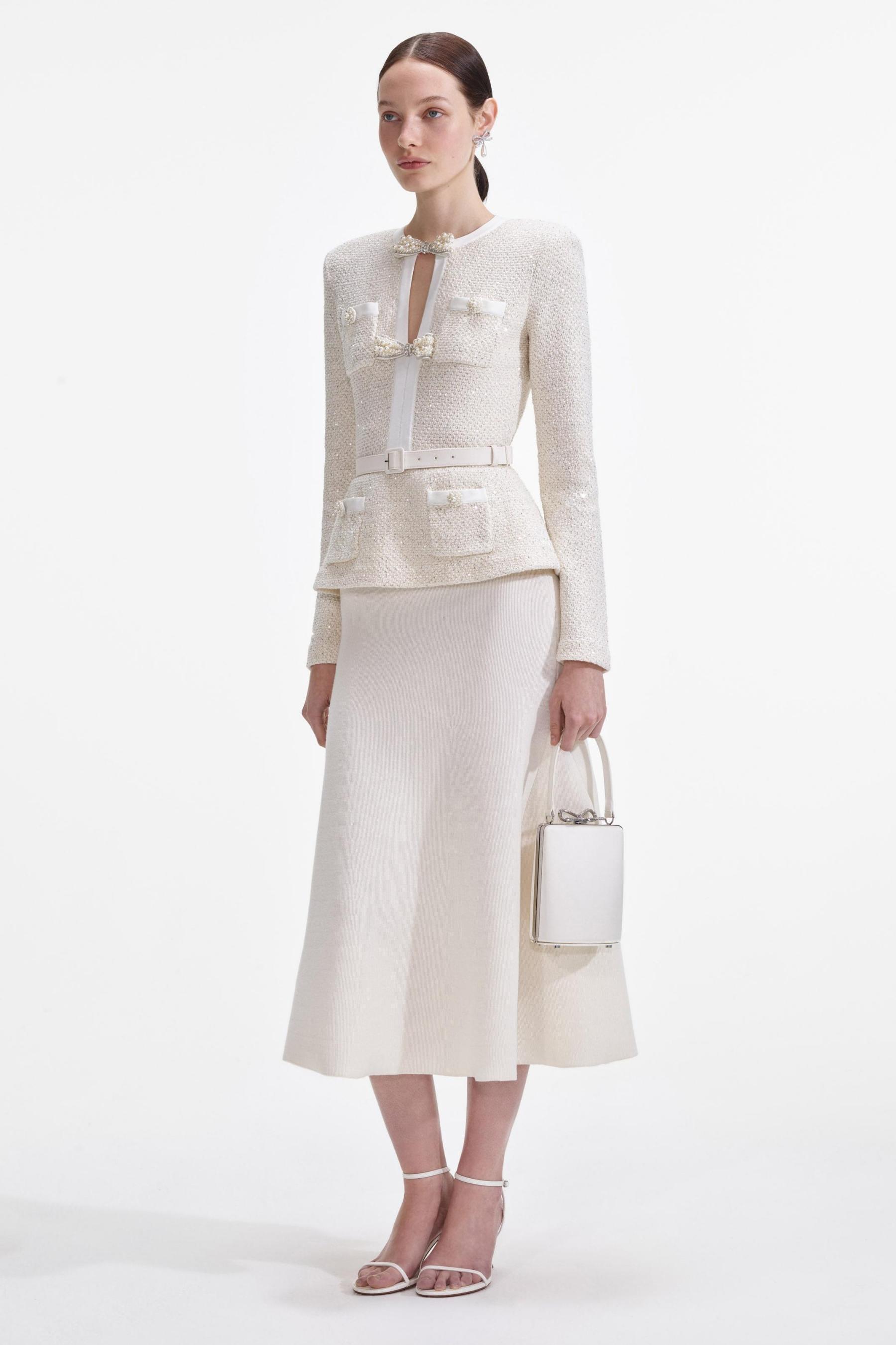 Faux Pearl Bow Top & Mid Waist Midi Skirt Set