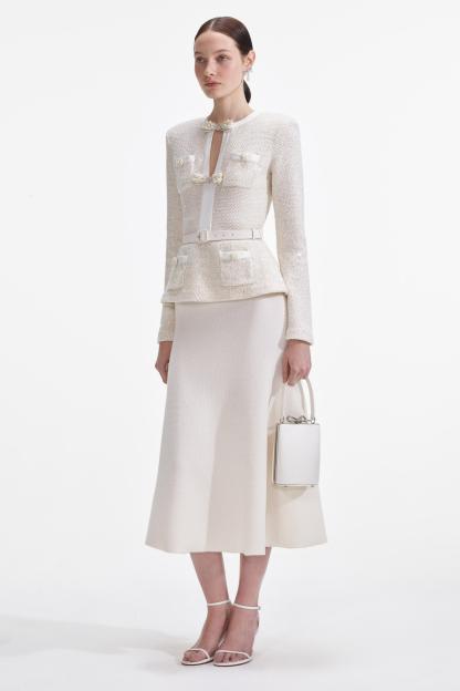 Faux Pearl Bow Top & Mid Waist Midi Skirt Set