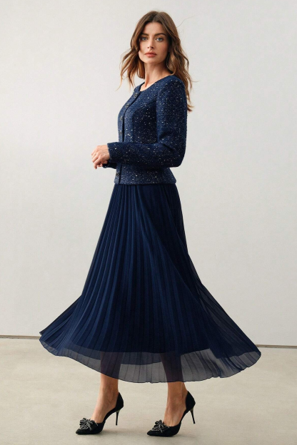 Sequin Pleated Midi Dress With Belt