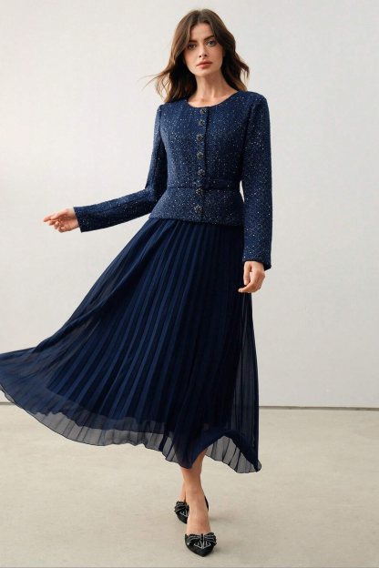 Sequin Pleated Midi Dress With Belt