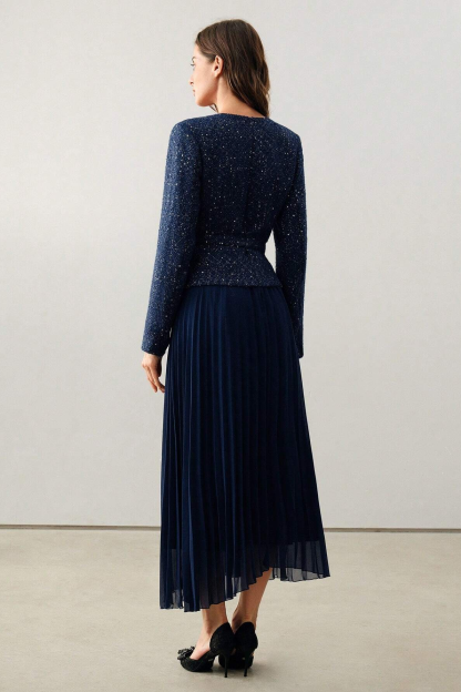 Sequin Pleated Midi Dress With Belt