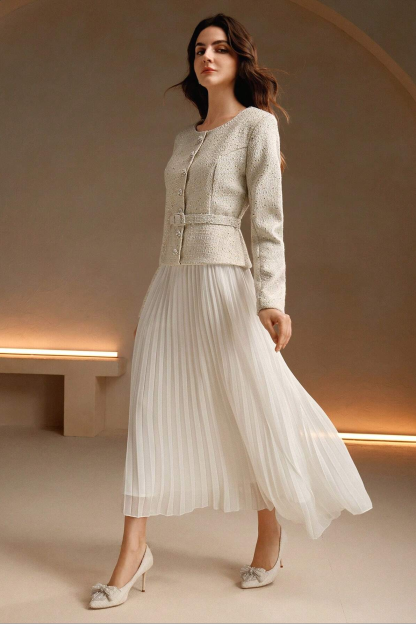 Sequin Pleated Midi Dress With Belt