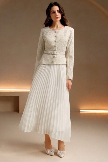 Sequin Pleated Midi Dress With Belt