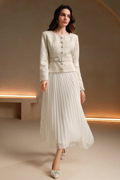 Sequin Pleated Midi Dress With Belt