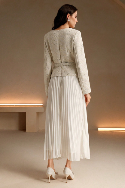 Sequin Pleated Midi Dress With Belt