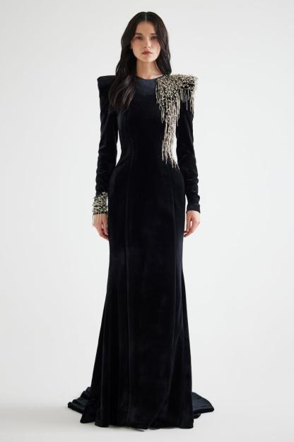 Nail Bead Embroidery Velvet Maxi Dress