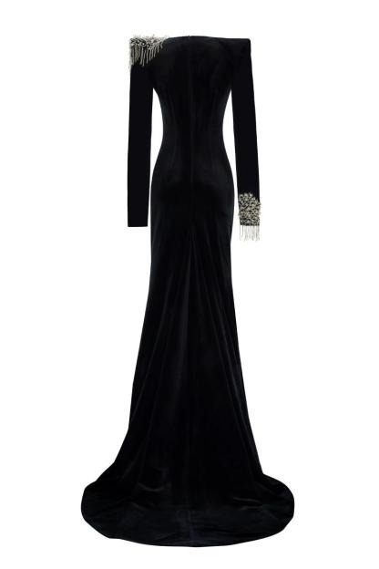 Nail Bead Embroidery Velvet Maxi Dress