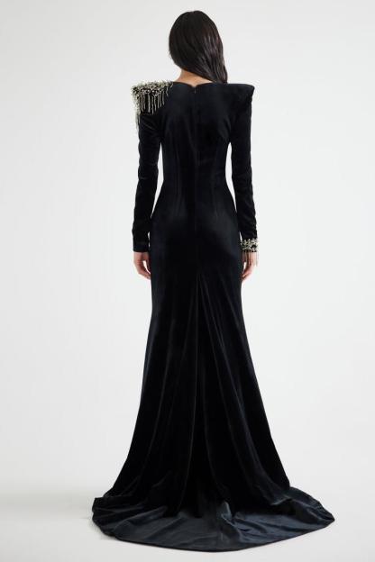 Nail Bead Embroidery Velvet Maxi Dress