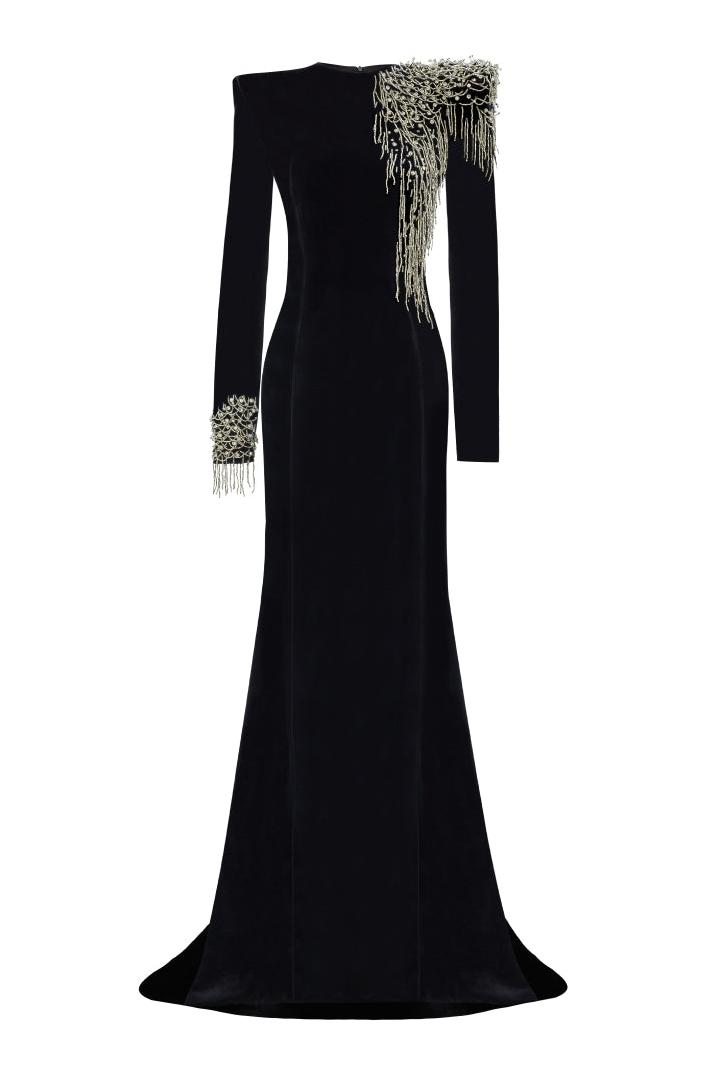 Nail Bead Embroidery Velvet Maxi Dress