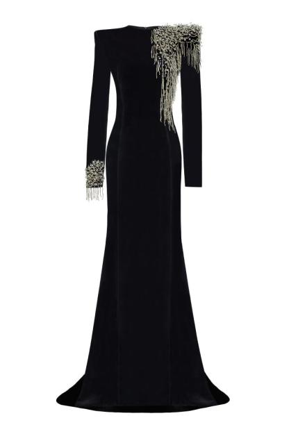 Nail Bead Embroidery Velvet Maxi Dress