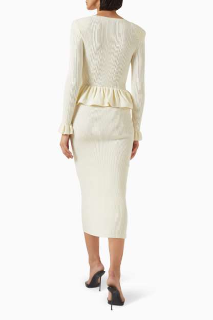 Knit Ruffle Button Top & High Waist Midi Skirt Set