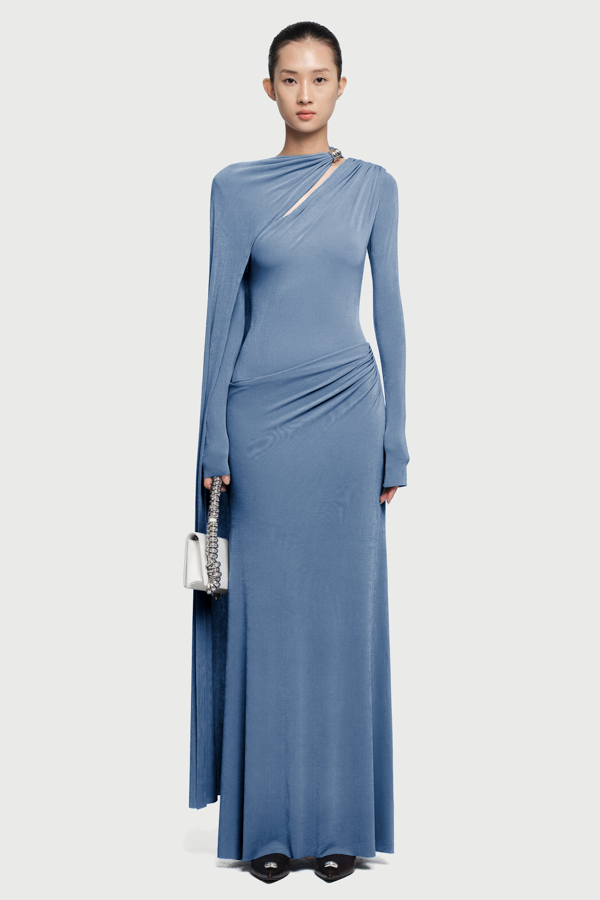 Jersey Metal Embellishment Asymmetrical Maxi Dress