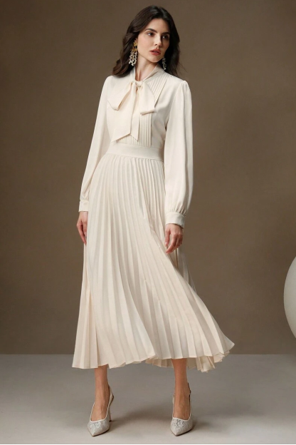 Satin Pleated Lace-Up Midi Dress