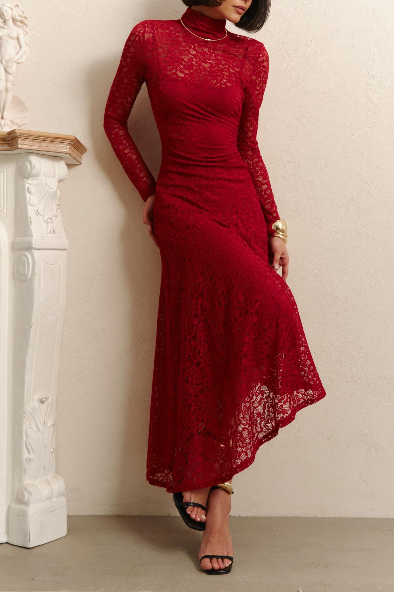 Lace High Neck Long Sleeve Maxi Dress