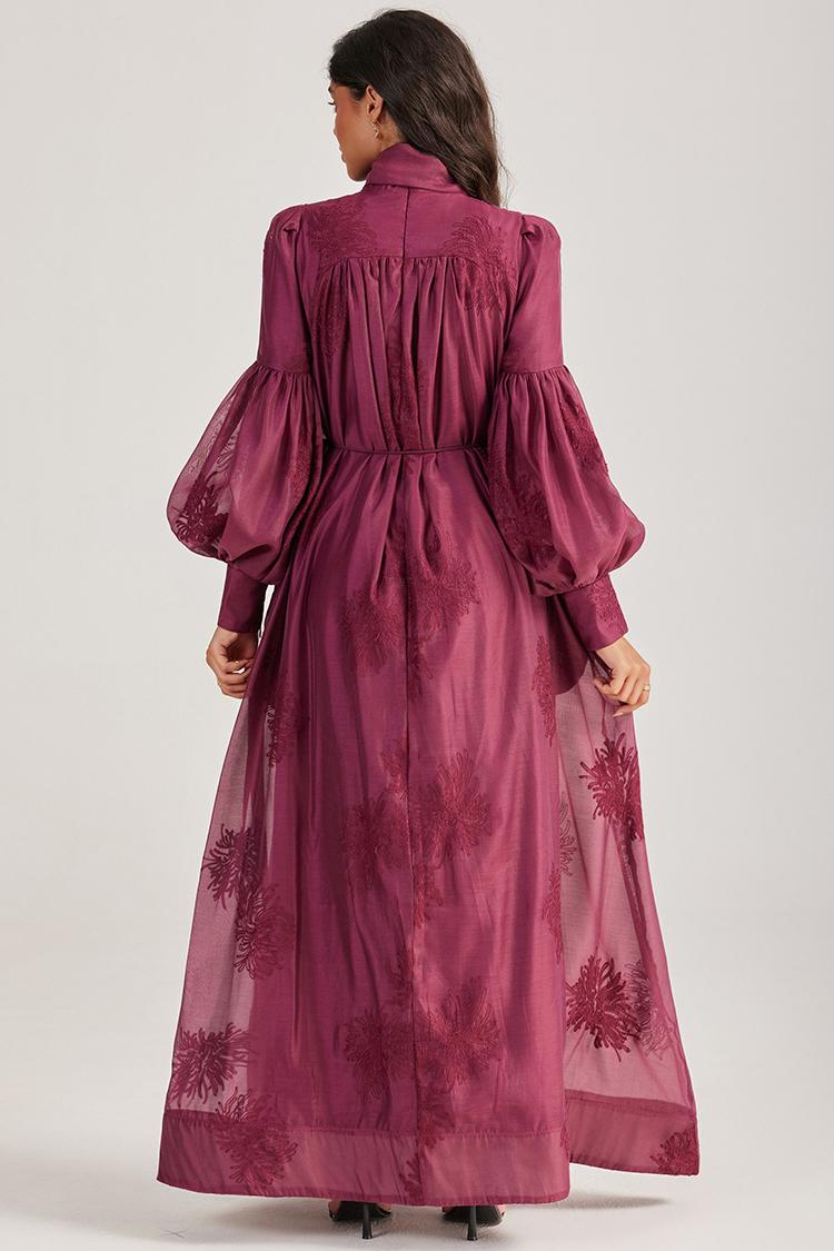 Embroidered Lace-Up Lantern Sleeve Maxi Dress