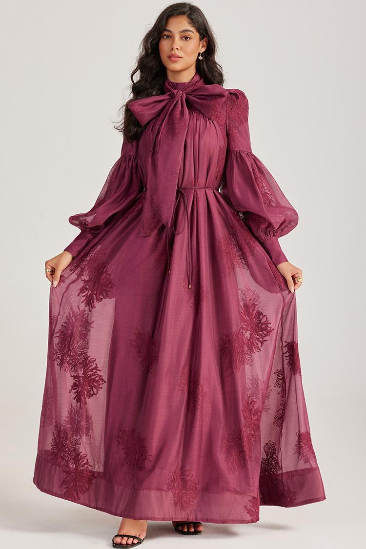 Embroidered Lace-Up Lantern Sleeve Maxi Dress