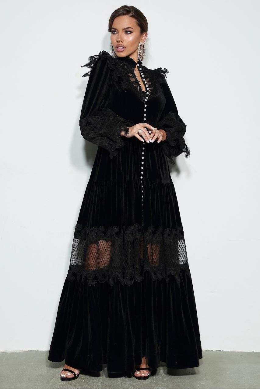 Velvet Lace Faux Pearl Midi Dress