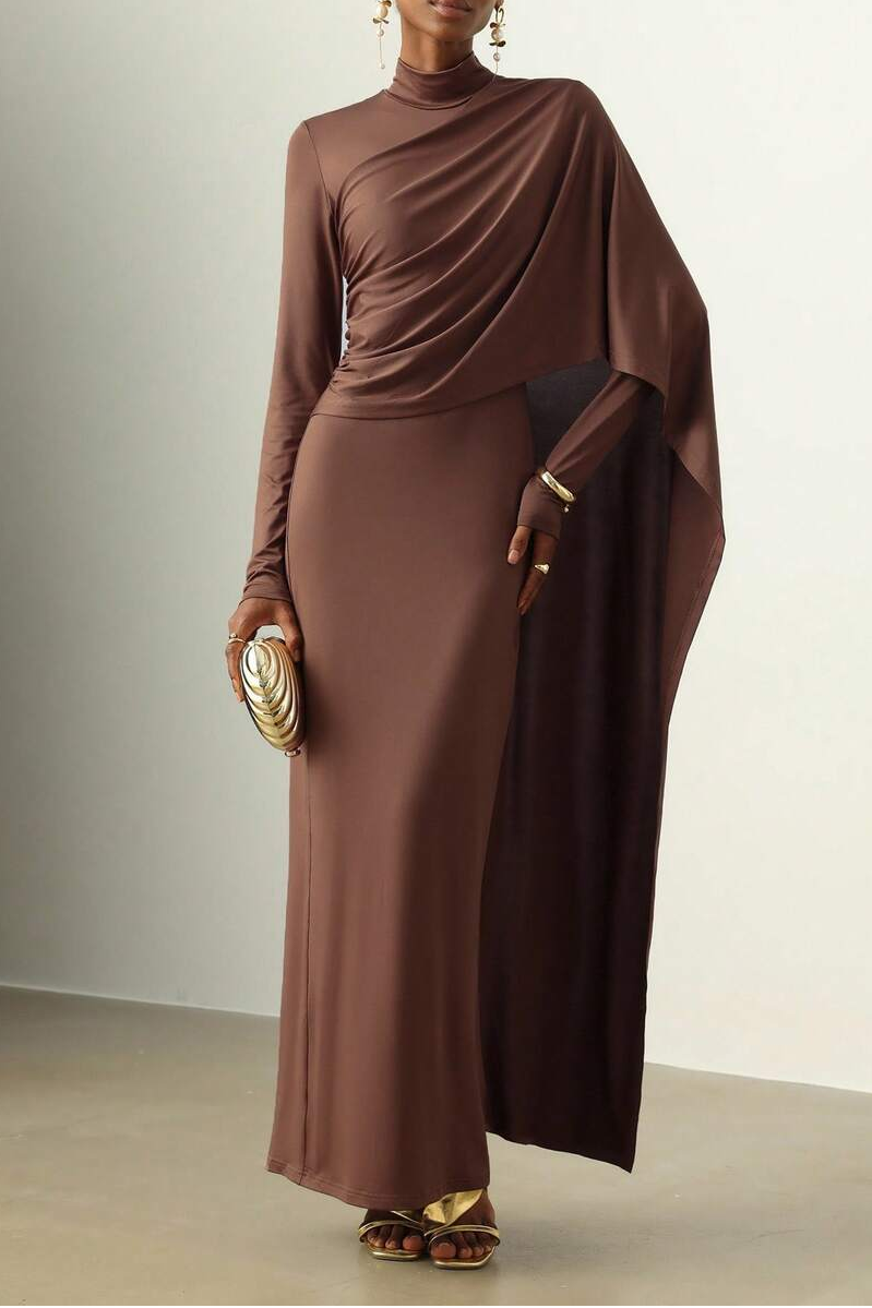 Jersey Long Sleeve Cape Maxi Dress