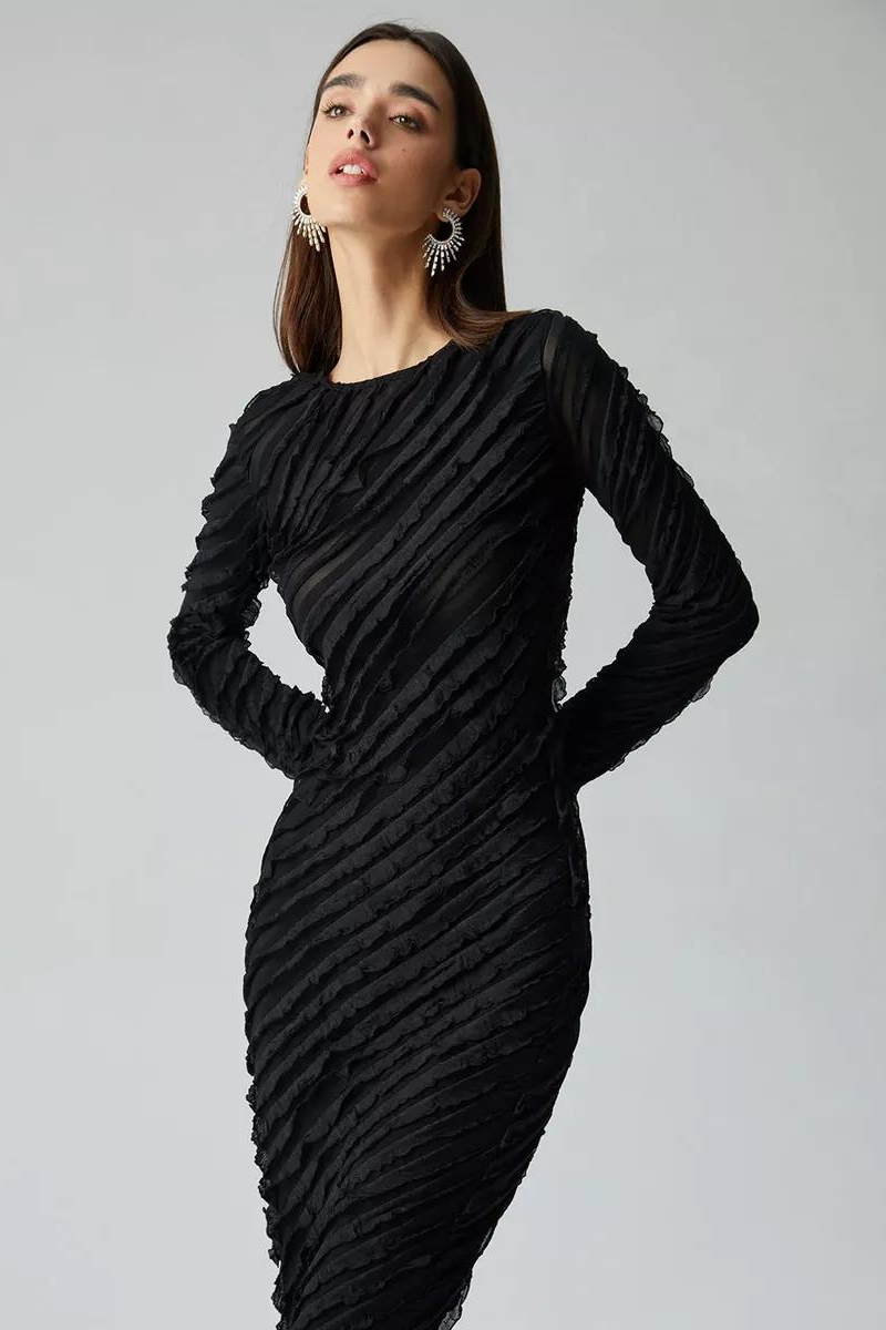 Mesh Frill Long Sleeve Maxi Dress