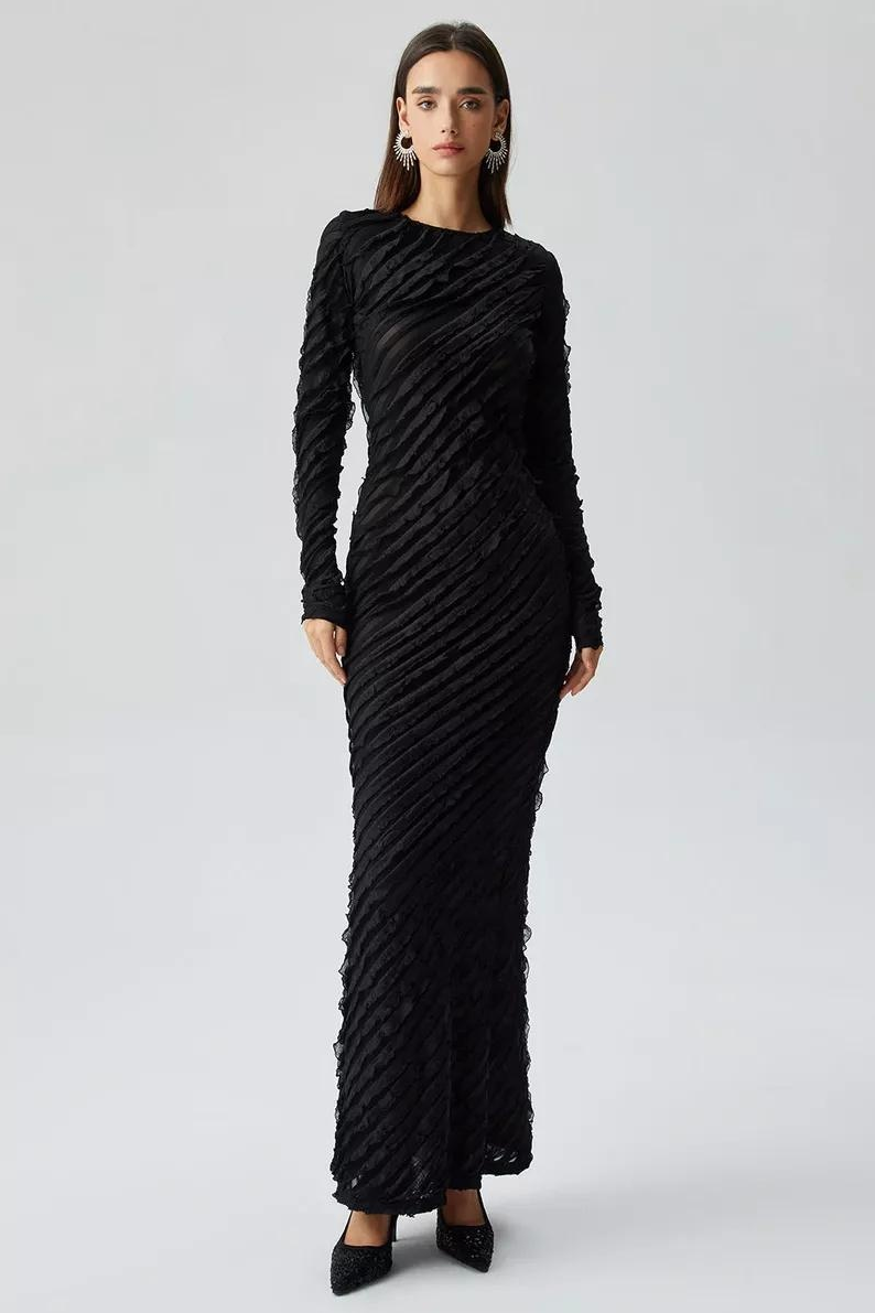 Mesh Frill Long Sleeve Maxi Dress