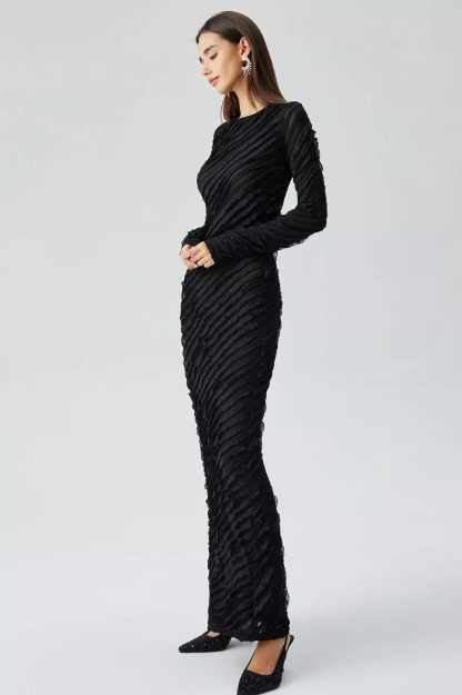 Mesh Frill Long Sleeve Maxi Dress