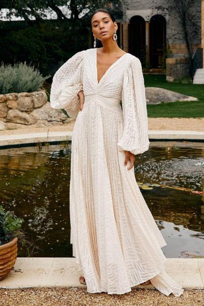 Jacquard Pleated Lantern Sleeve Maxi Dress