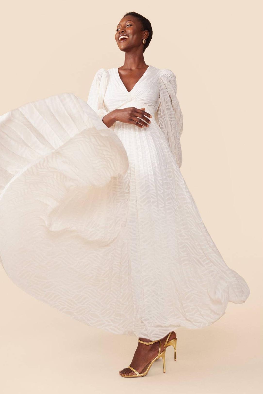 Jacquard Pleated Lantern Sleeve Maxi Dress