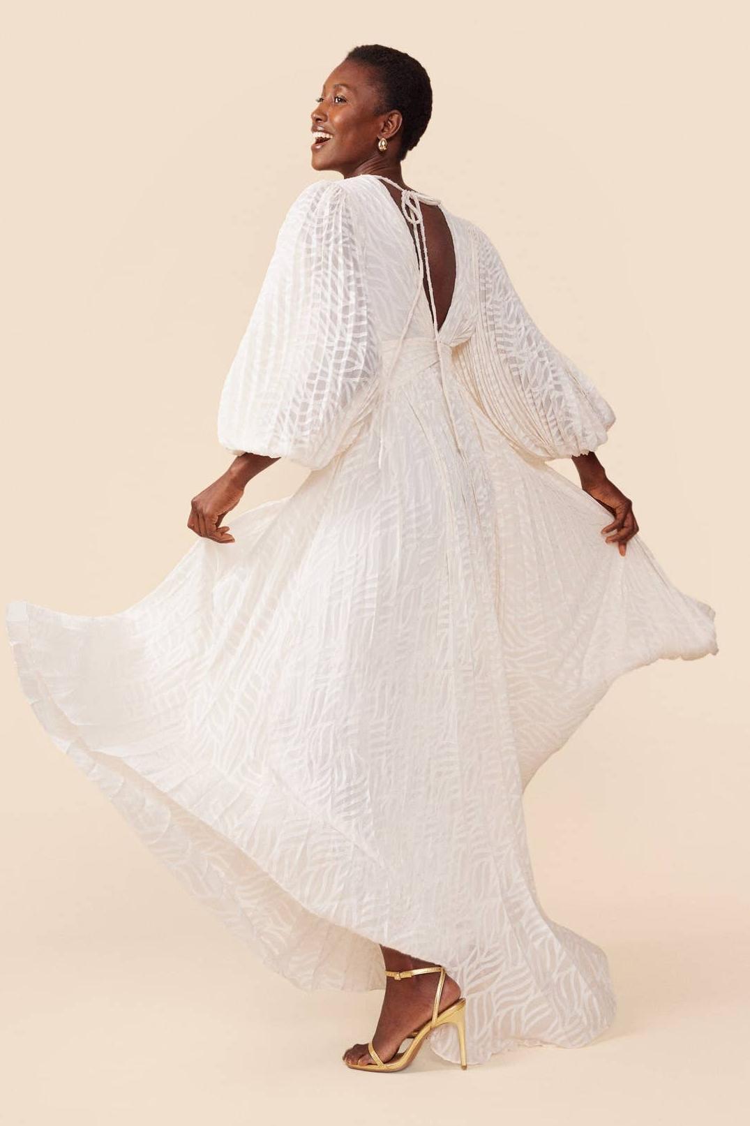 Jacquard Pleated Lantern Sleeve Maxi Dress