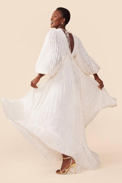 Jacquard Pleated Lantern Sleeve Maxi Dress