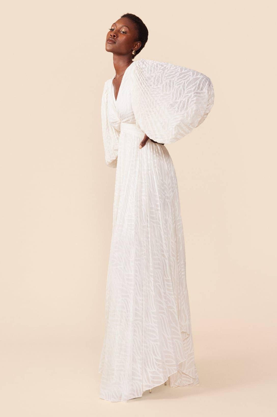 Jacquard Pleated Lantern Sleeve Maxi Dress