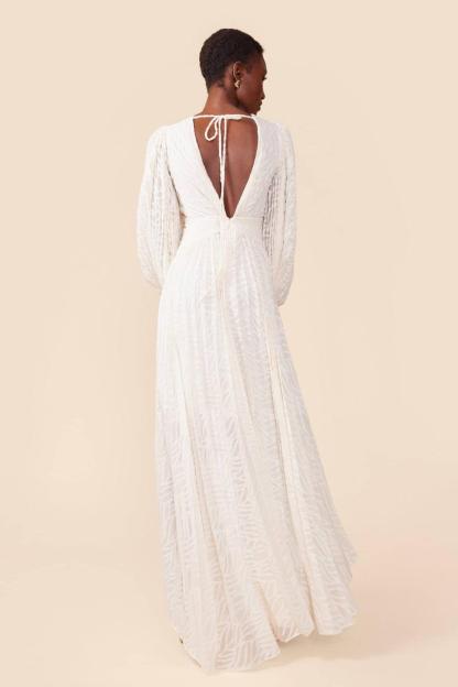 Jacquard Pleated Lantern Sleeve Maxi Dress