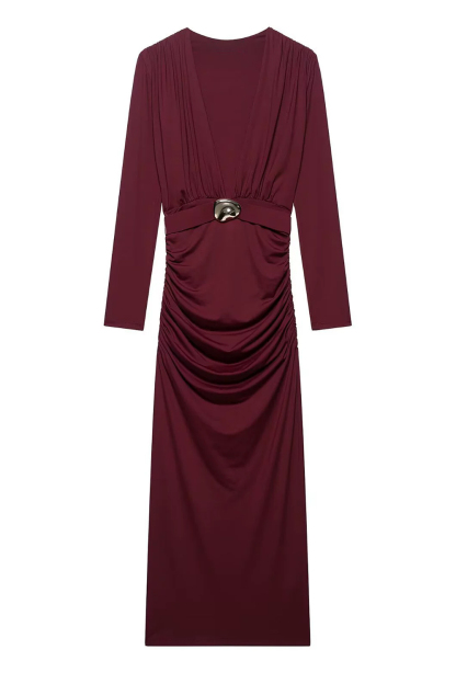 Jersey V-Neck Gathering Maxi Dress