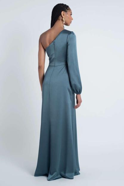 Satin One-Shoulder Slit Tie-Up Midi Dress