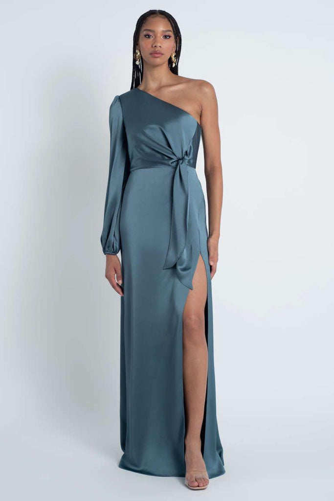 Satin One-Shoulder Slit Tie-Up Midi Dress