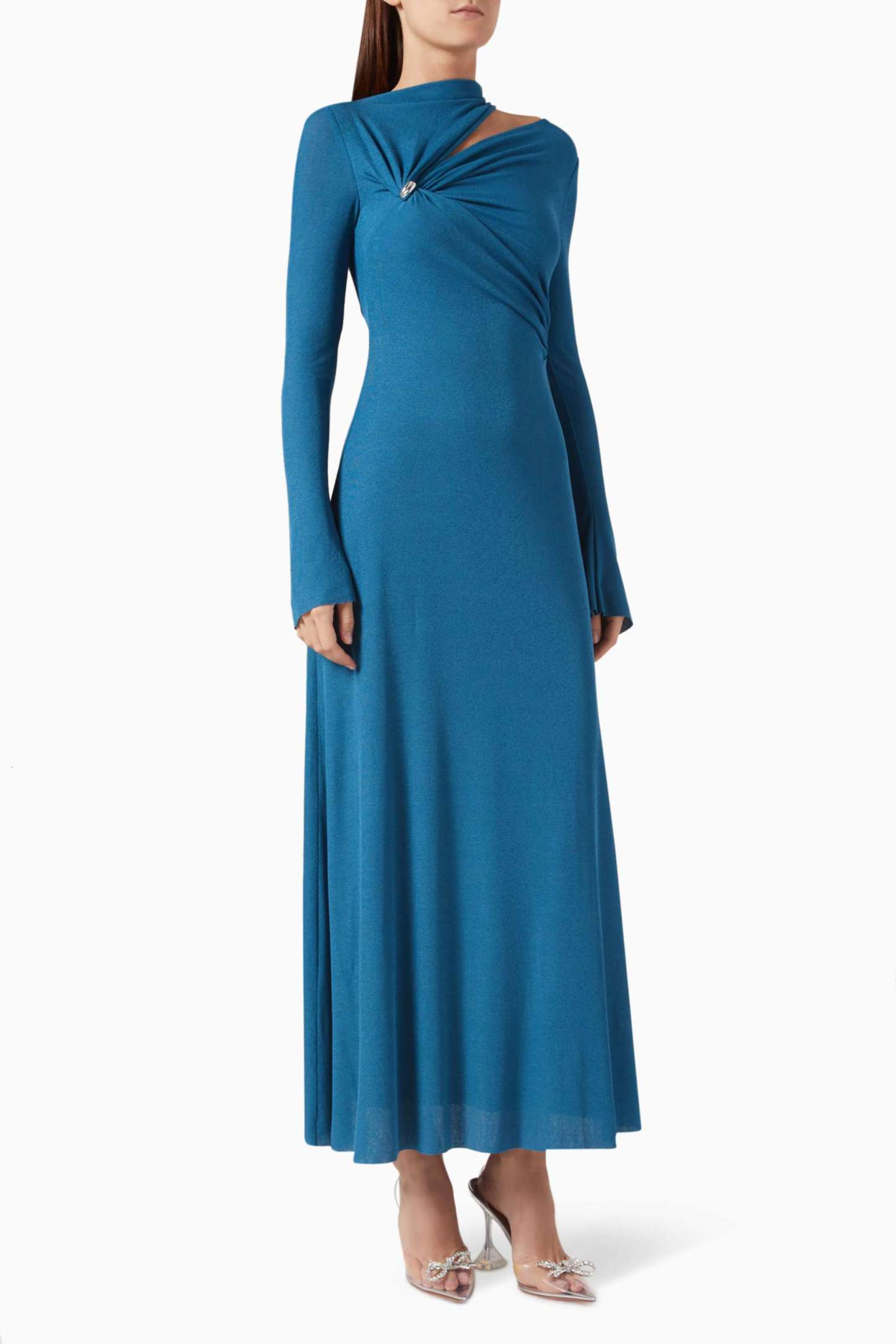 Jersey Metal Button Long Sleeve Maxi Dress