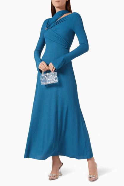 Jersey Metal Button Long Sleeve Maxi Dress