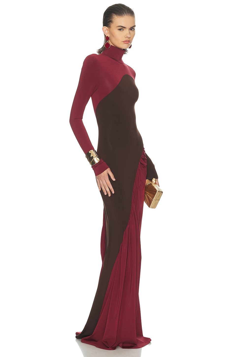 Contrast Color Long Sleeve High Neck Maxi Dress