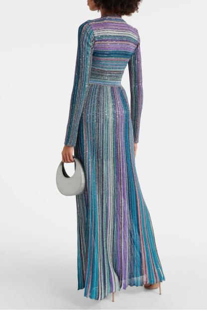Knit Contrast Color V-Neck Midi Dress