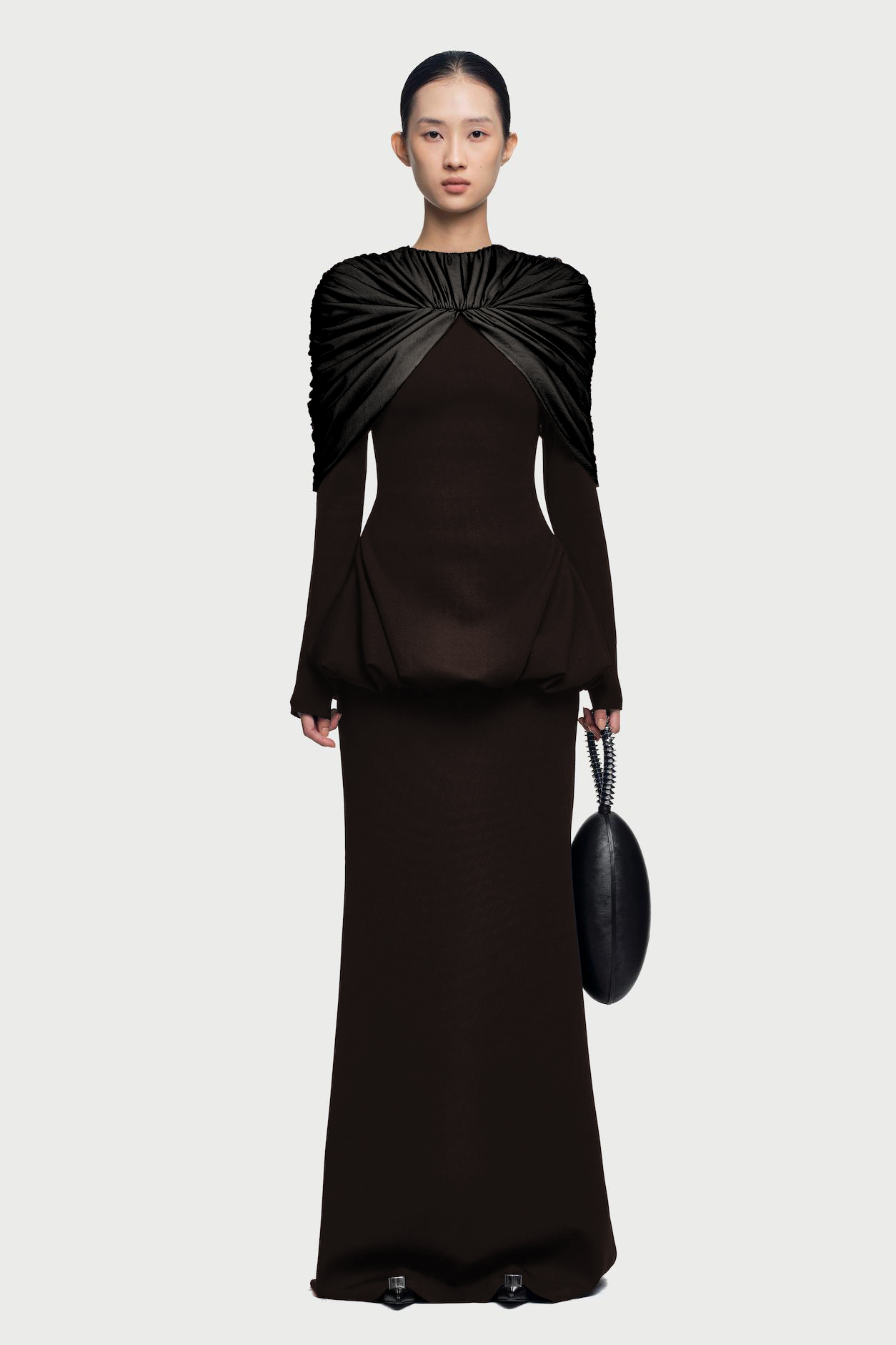 Gathering Long Sleeve Top & High Waist Maxi Skirt Set