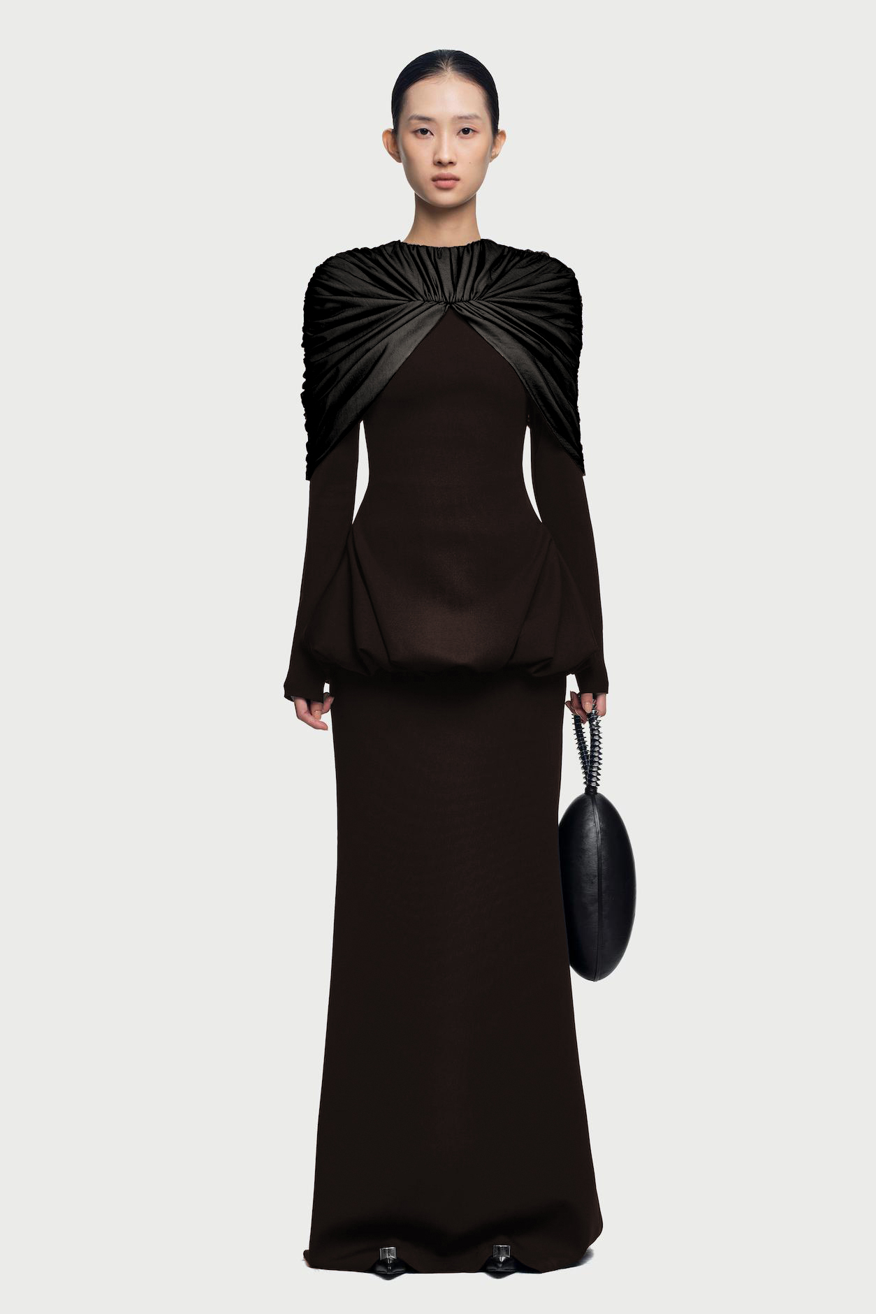 Gathering Long Sleeve Top & High Waist Maxi Skirt Set