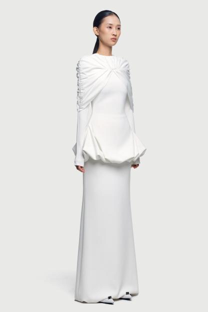 Gathering Long Sleeve Top & High Waist Maxi Skirt Set