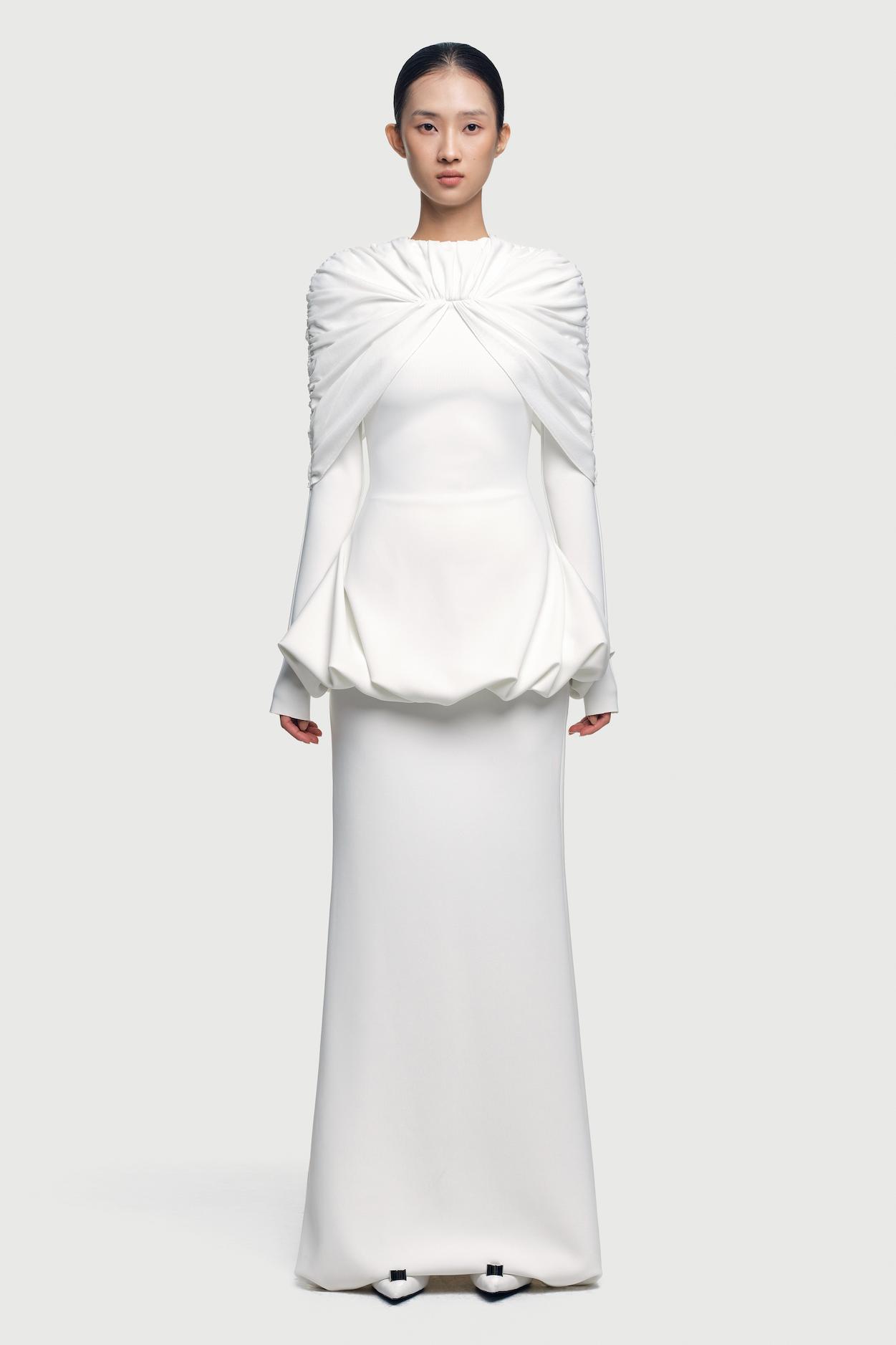 Gathering Long Sleeve Top & High Waist Maxi Skirt Set