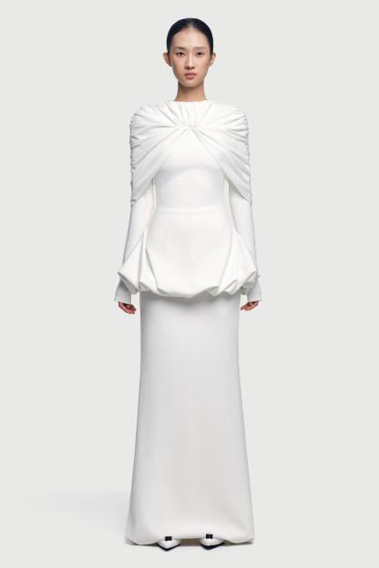 Gathering Long Sleeve Top & High Waist Maxi Skirt Set